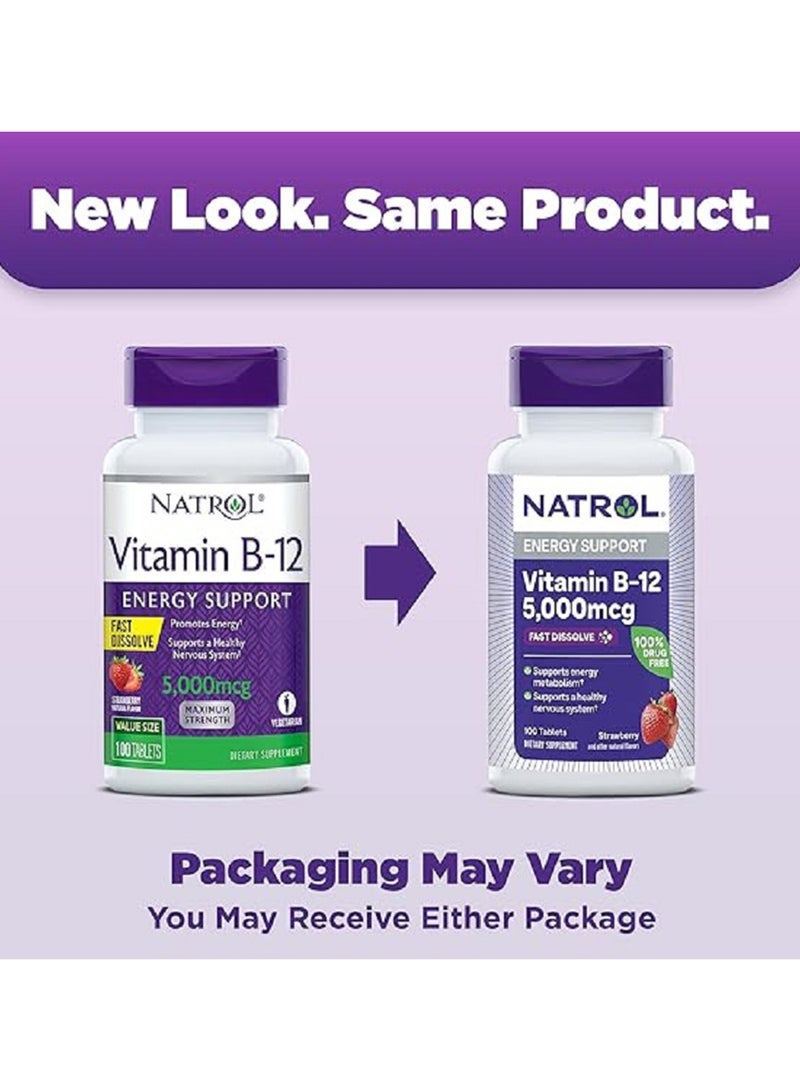 Natrol Strawberry Fast Dissolve Vitamin B-12 Energy Support 5000mcg - 100 Tablets - Image 1